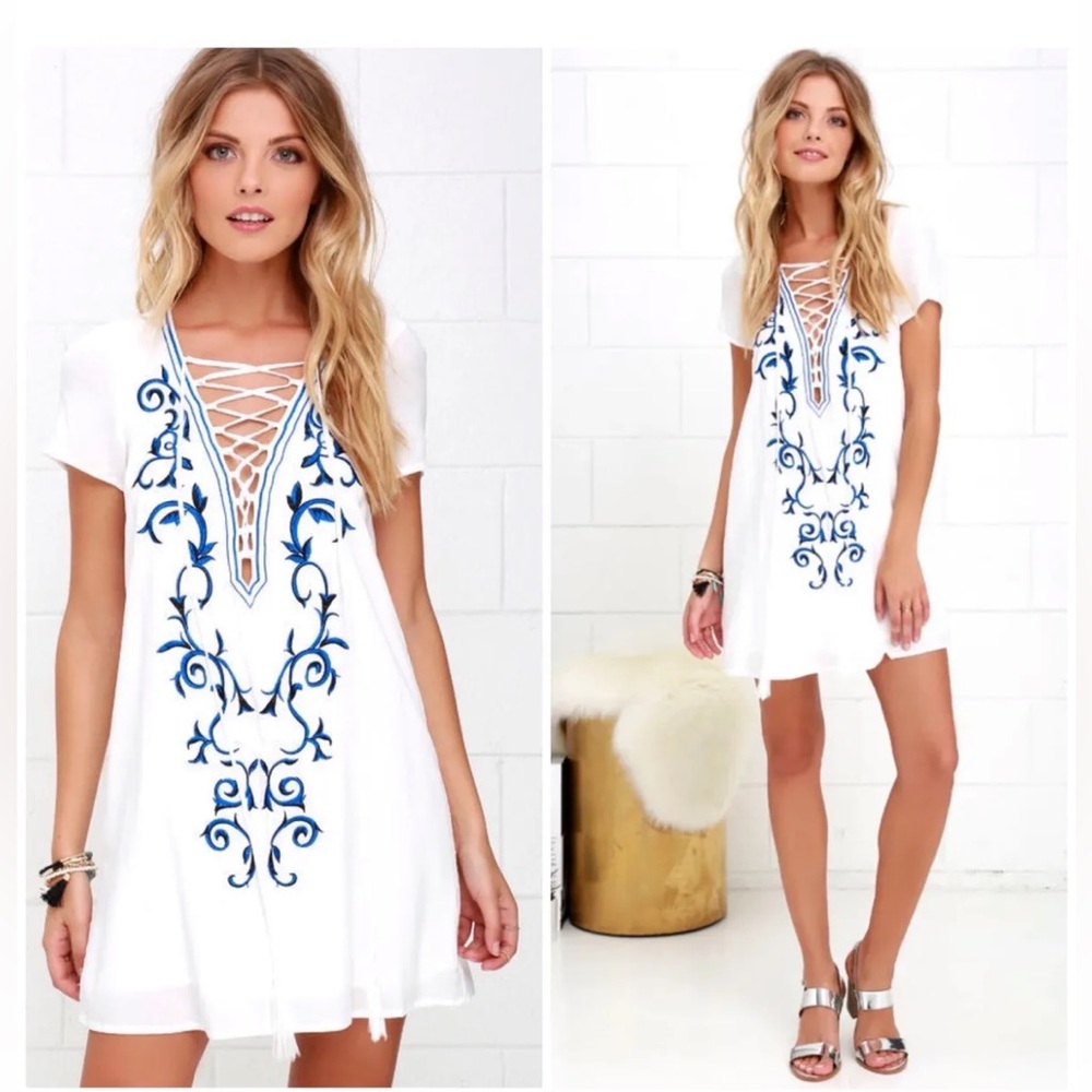LULUS white embroidered shirt dress
